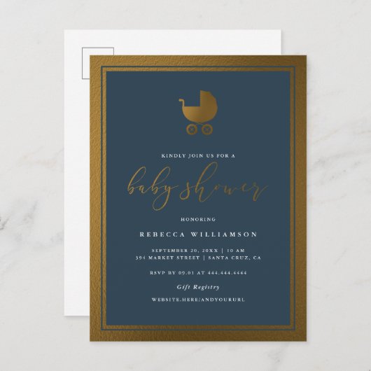 Classy Navy Blue en Gold Pram Boy Baby shower Uitnodiging Briefkaart (Voorkant / Achterkant)