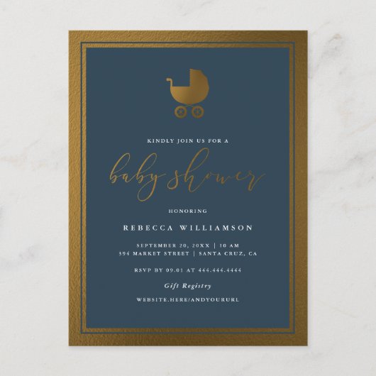 Classy Navy Blue en Gold Pram Boy Baby shower Uitnodiging Briefkaart (Voorkant)