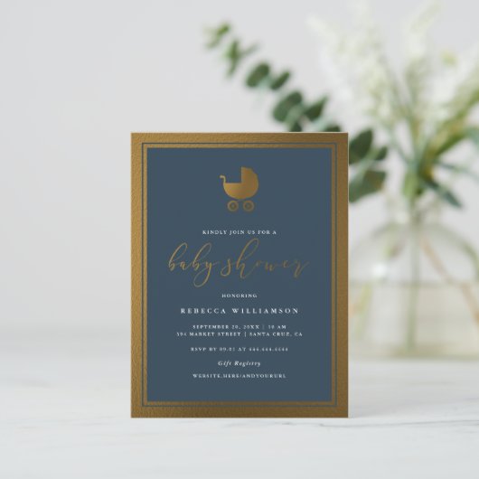 Classy Navy Blue en Gold Pram Boy Baby shower Uitnodiging Briefkaart (Staand voorkant)
