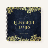 Classy Navy Blue en Gold Swirl bruiloft gastenboek Notitieboek (Voorkant)