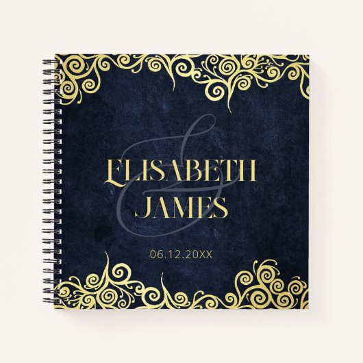 Classy Navy Blue en Gold Swirl bruiloft gastenboek Notitieboek (Voorkant)