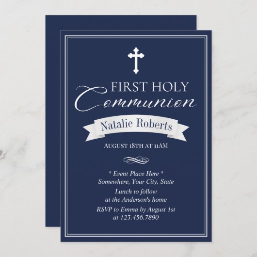 Classy Navy Blue First Heilige Communie Kaart (Voorkant / Achterkant)