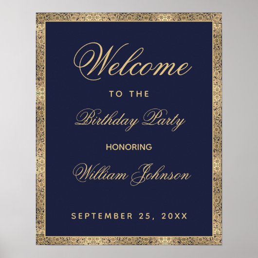 Classy Navy Blue Gold Birthday Party Welkomstteken Poster (Voorkant)
