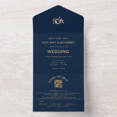 Classy Navy Blue Gold Monogram QR Code Weddenschap All In One Uitnodiging (Binnen)