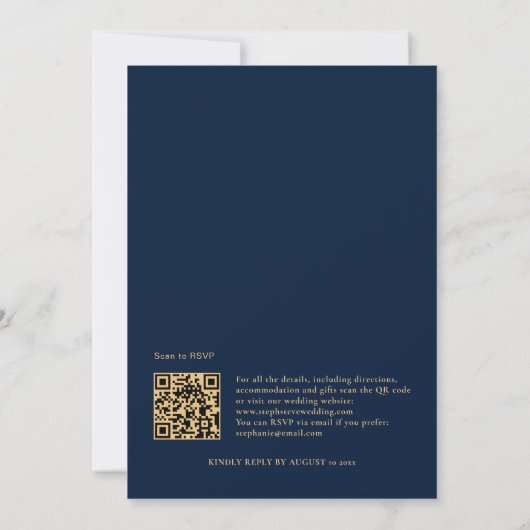 Classy Navy Blue Gold Monogram QR Code Weddenschap Kaart (Achterkant)