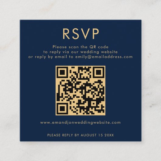 Classy Navy Blue Gold QR Code Weddenschap RSVP Informatiekaartje (Voorkant)