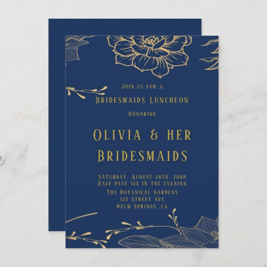 Classy Navy Blue Gold Rachel Bridesmaids Luncheon Kaart (Voorkant / Achterkant)