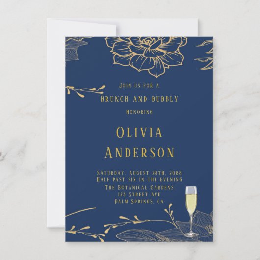 Classy Navy Blue Gold Rachel Brunch en Bubble Kaart (Voorkant)