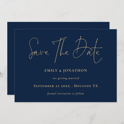 Classy Navy Blue Gold Script Save The Date (Voorkant / Achterkant)