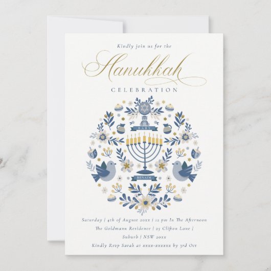 Classy Navy Blue Hanukkah Floral Party Feestdagenkaart (Voorkant)