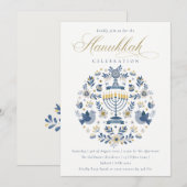 Classy Navy Blue Hanukkah Floral Party Feestdagenkaart (Voorkant / Achterkant)