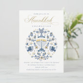Classy Navy Blue Hanukkah Floral Party Feestdagenkaart (Staand voorkant)