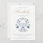 Classy Navy Blue Hanukkah Floral Party Invite Feestdagenkaart (Voorkant)