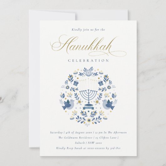 Classy Navy Blue Hanukkah Floral Party Invite Feestdagenkaart (Voorkant)
