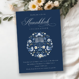 Classy Navy Blue Hanukkah Floral Party Invite Feestdagenkaart