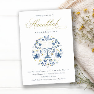 Classy Navy Blue Hanukkah Floral Party Invite Feestdagenkaart