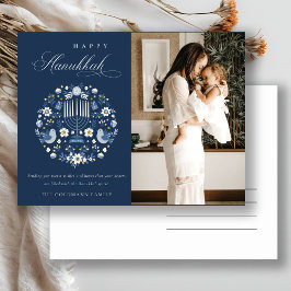 Classy Navy Blue Happy Hanukkah 1 Floral Feestdagenkaart