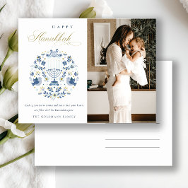 Classy Navy Blue Happy Hanukkah 1 Floral Feestdagenkaart