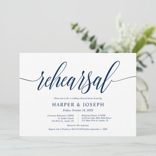 Classy Navy Blue, Huwelijksrepetitie en diner Kaart (Staand voorkant)