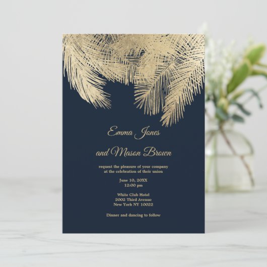 Classy navy blue palm tropical Weddenschap Kaart (Staand voorkant)