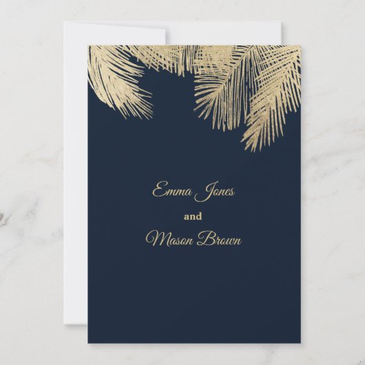 Classy navy blue palm tropical Weddenschap Kaart (Achterkant)