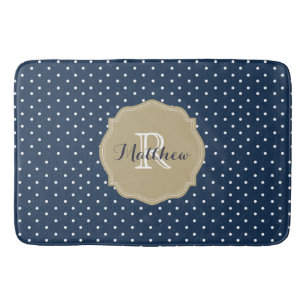 Classy Navy Blue Polka Dots en Coral Monogram Badmat