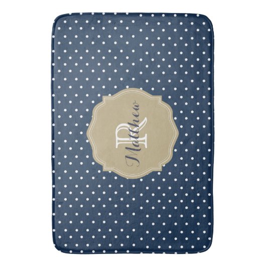 Classy Navy Blue Polka Dots en Coral Monogram Badmat (Voorkant Verticaal)