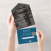 Classy Navy Blue RSVP Foto QR Code Bruiloft All In One Uitnodiging (Afscheurbaar)