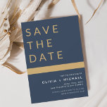 Classy Navy Blue Save the Date Elegant Gold<br><div class="desc">Bieden met Elegant Navy Blue en Gold Save the Date Cards. Sparen de kaarten van de Datum bevatten een moderne hand geschreven kromme manuscripttypografie die elegant,  eenvoudig en modern zijn om na u minimalistische eenvoudige trouwdag te gebruiken viering.</div>