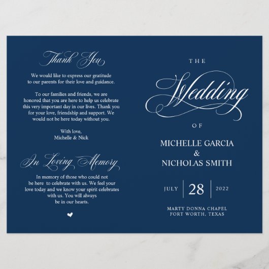 Classy Navy Blue, vouwbaar huwelijksprogramma (Voorkant)