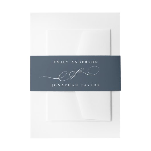 Classy Navy Blue White Calligraphy Wedding  Uitnodigingen Wikkel (Voorkant Voorbeeld)