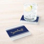 Classy Navy Blue White Stripes "Seashell"-script Glazen Onderzetter (Schuin)