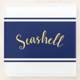 Classy Navy Blue White Stripes "Seashell"-script Glazen Onderzetter