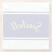 Classy Navy Blue White Stripes "Seashell"-script Glazen Onderzetter (Achterkant)