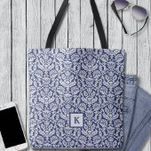 Classy Navy Damask Pattern Monogram Canvas tas