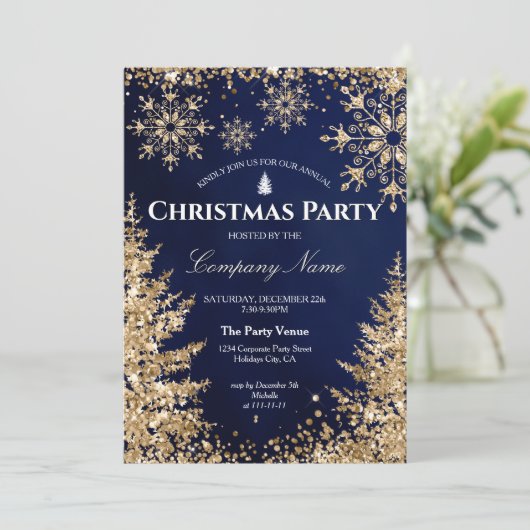 Classy Navy Gold Glitter Corporate Christmas Party Kaart (Staand voorkant)