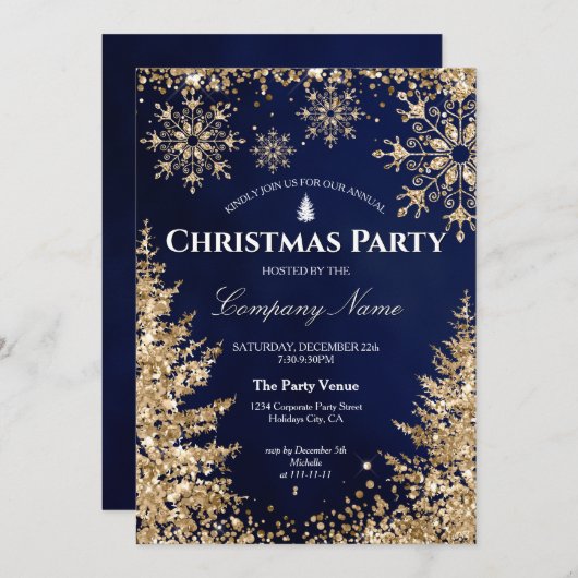 Classy Navy Gold Glitter Corporate Christmas Party Kaart (Voorkant / Achterkant)