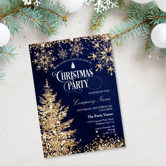 Classy Navy Gold Glitter Corporate Christmas Party Kaart