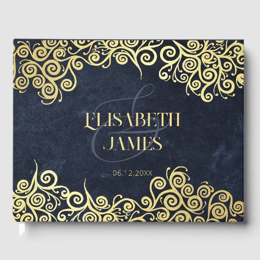 Classy Navyblauw en goud boho spiralen bruiloft Gastenboek (Voorkant)