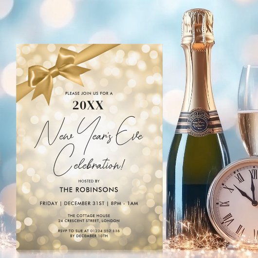 Classy New Years Eve Party Gold Bokeh Bow Kaart