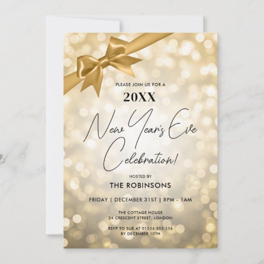 Classy New Years Eve Party Gold Bokeh Bow Kaart (Voorkant)