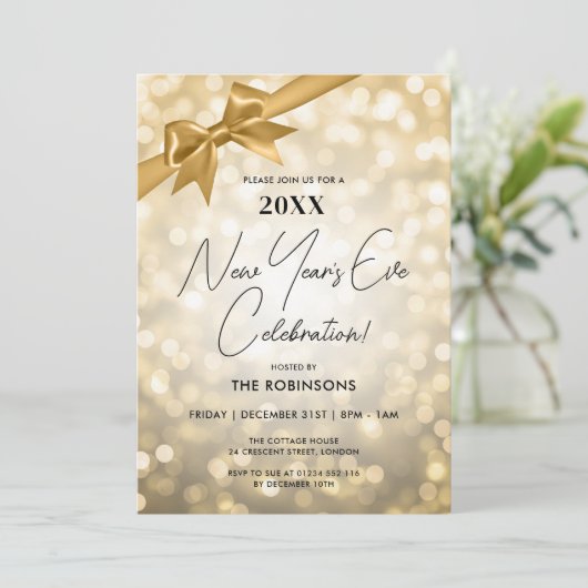 Classy New Years Eve Party Gold Bokeh Bow Kaart (Staand voorkant)