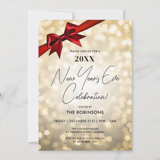 Classy New Years Eve Party Gold Bokeh Red Bow Kaart (Voorkant)