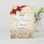 Classy New Years Eve Party Gold Bokeh Red Bow Kaart (Staand voorkant)