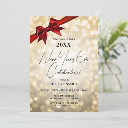 Classy New Years Eve Party Gold Bokeh Red Bow Kaart (Staand voorkant)