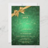 Classy New Years Eve Party Green Gold Bokeh Bow Kaart (Voorkant)