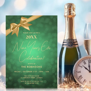 Classy New Years Eve Party Green Gold Bokeh Bow Kaart