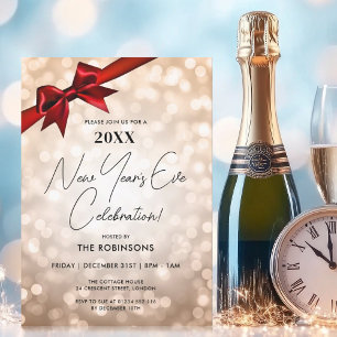 Classy New Years Eve Party Koper Bokeh Red Bow Kaart