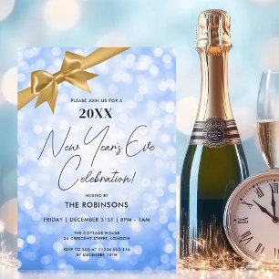 Classy New Years Eve Party Navy Bokeh Gold Bow Kaart