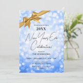 Classy New Years Eve Party Navy Bokeh Gold Bow Kaart (Staand voorkant)